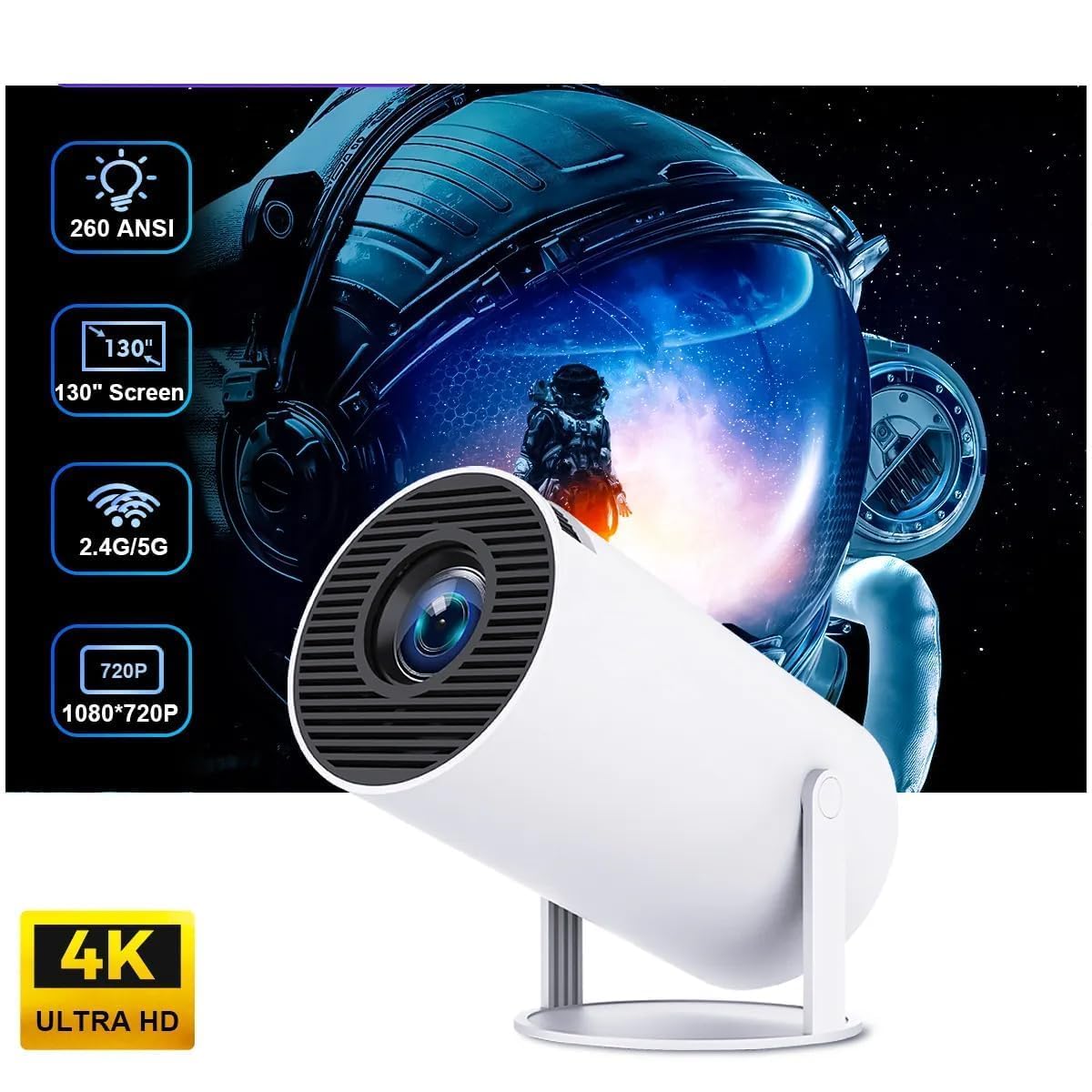 Mini Portable Projector with 4K Support, Bluetooth 5.4 WIFI6, 5watt Sound Base Speaker, 160 ANSI, Android 11, 210° Rotation , Auto Keystone Correction Video Projector for Adult's, Home Cinema, Compatible with Smartphone/Laptop/PS4/Firestick Brand: WRIZTI
